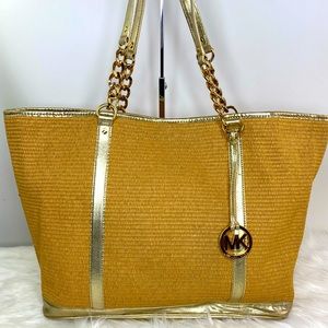 Michael Kors Large Amagansett Straw Tote with Gold Leather details